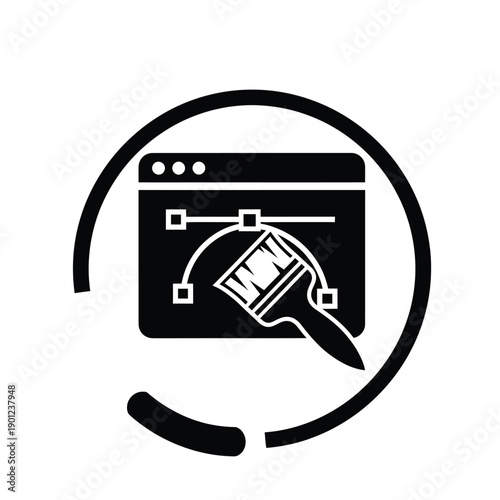 Black and white icon of a browser with a paintbrush editing a photo