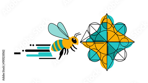 Abstract Bee Flying to Geometric Star Pattern. Modern Flat Vector Illustration of Nature, Science, and Complex Connection.