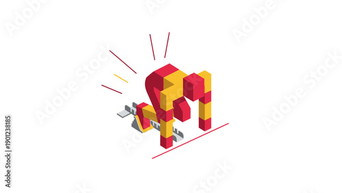 Voxel Sprinter on Starting Block. Abstract Isometric Concept of Race Start, Success, Speed, and Fast Performance.