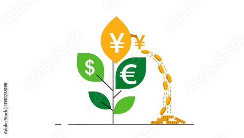 Global Financial Growth Plant: Dollar, Euro, Yen tree generating cascading gold coins. Investment and ROI concept.