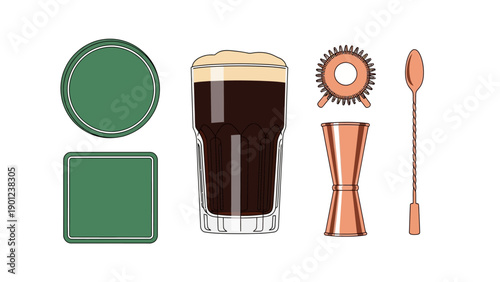 Irish Stout Beer and Bartending Tools Vector Set: Pint Glass, Copper Jigger, Strainer, Bar Spoon, and Green Coasters.