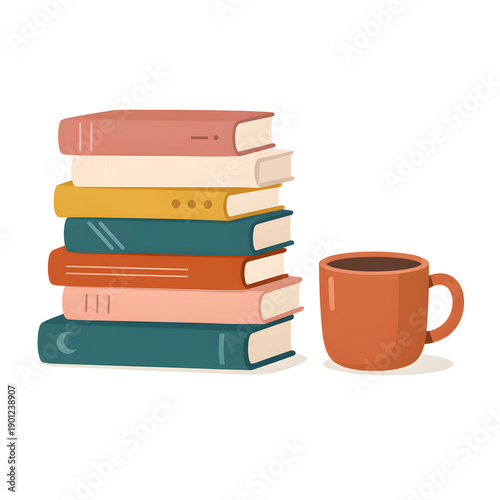 Cozy cartoon illustration of a stack of books next to a mug of coffee
