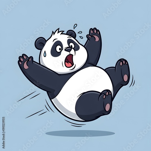 Wallpaper Mural A cartoon panda slipping and falling down on a blue background, viewed from the front with dynamic motion lines Torontodigital.ca