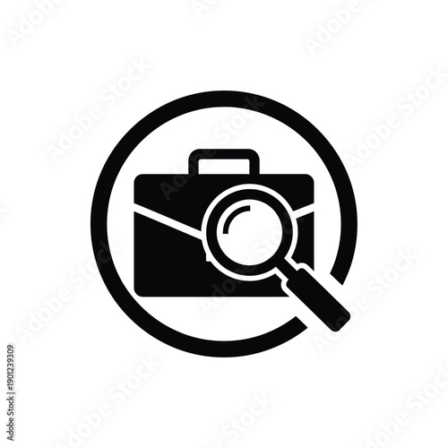 Black and white icon of a camera with a magnifying glass on a used for search and investigation purposes in photography