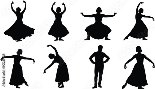 Silhouette of Indian Kathak dancers, classical folk dance poses, traditional ethnic performers, set of male and female dancing figures, isolated on white background, vector