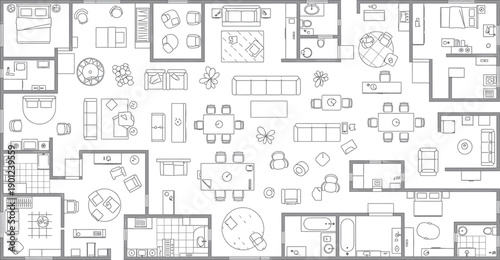 A blurry black and white blueprint of a building floor plan isolated on transparent background