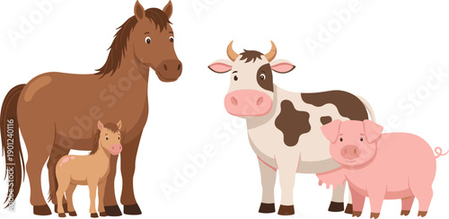 Cute Farm Animals Cartoon Vector Illustration with Horse Cow Pig and Baby Livestock