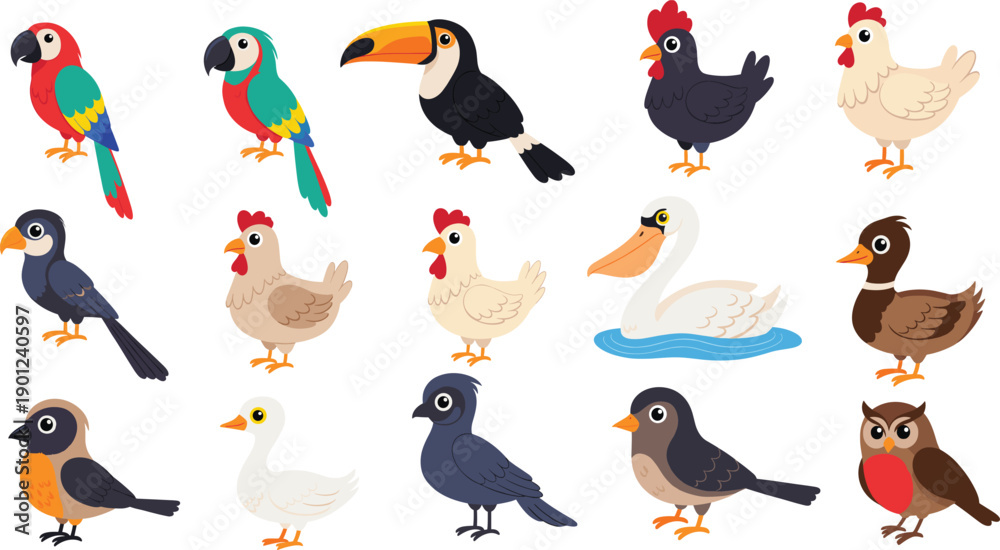 Fototapeta premium Cute Bird Cartoon Vector Set with Parrot Toucan Chicken Duck Owl and Small Birds