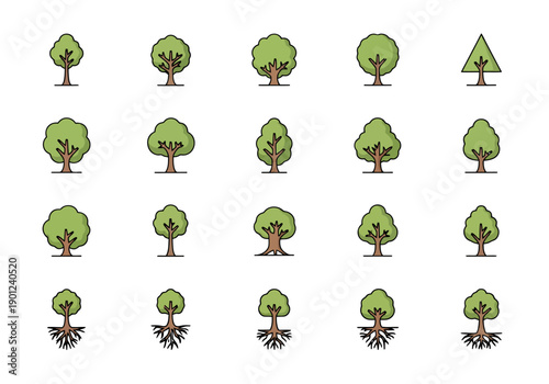 Collection of Diverse Stylized Woody Plants With Foliage And Root Systems For Visual Representation And Design Elements