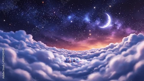 Dreamy Unicorn Sleeping on Clouds Under a Starry Night Sky, Fantasy Illustration, Magical Lighting, Children's Dream Concept, Whimsical Animation