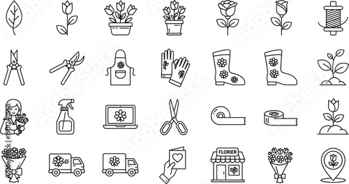 Gardening and florist line icon set, flower shop plant care tools delivery symbols outline vector illustration collection