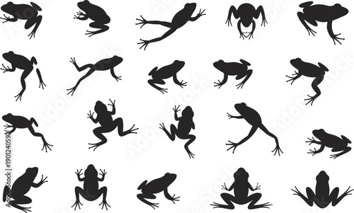 Frog silhouette collection, frog jumping vector, amphibian poses icon set, frog illustrations, leaping frog silhouettes, animal graphic elements
