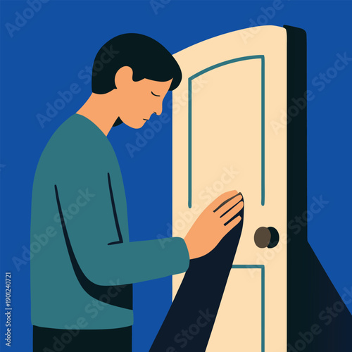 Sad man by closed door suitable for concepts of rejection, isolation, sadness. Ideal for use in psychology, mental health, and relationshipthemed designs.