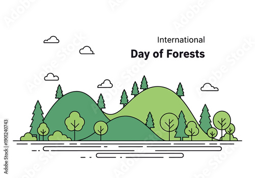 Green landscape with rolling hills and stylized trees under a cloudy sky representing nature and conservation
