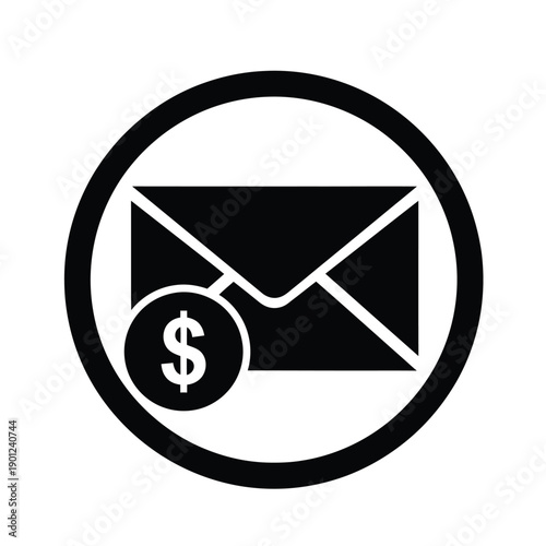 Black and white icon of an envelope with a dollar sign in a circle, symbolizing payment or financial transaction via email