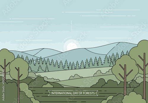 Expansive green forest landscape with rolling hills and mountains under a soft blue sky celebrating nature and woodland environments