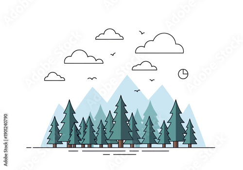 Minimalist Landscape Depicting Evergreen Trees Against Layered Blue Mountains Under a Cloudy Sky With Flying Birds and a Sun Clock