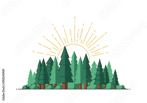 Coniferous Forest Landscape With Rising Sun Rays Over Green Trees Creating Scenic Outdoor Natural Backdrop