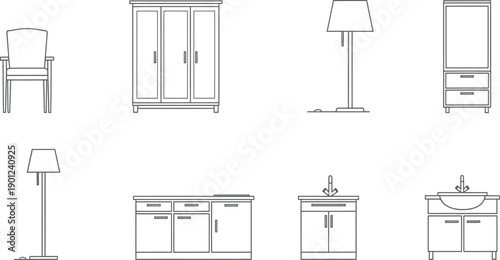 Line drawings of various bathroom furniture isolated on transparent background