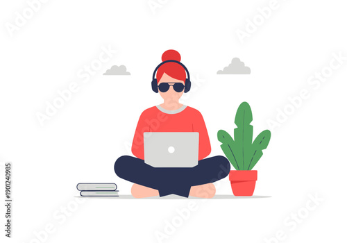 Young woman wearing headphones and sunglasses with a laptop on her lap She is sitting cross legged next to books and a potted plant with clouds in