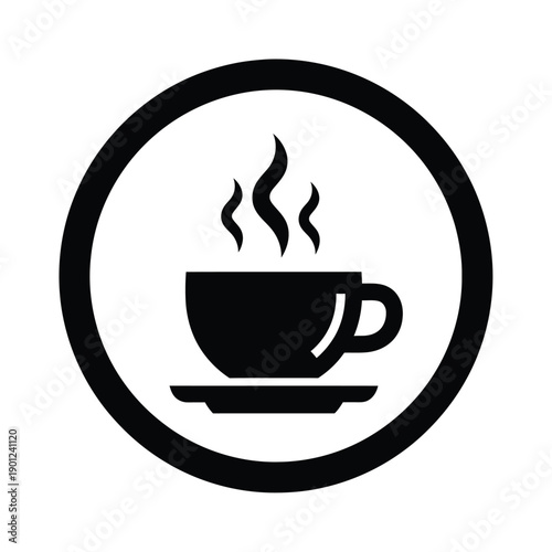 Black coffee cup icon with steam rising in a circle