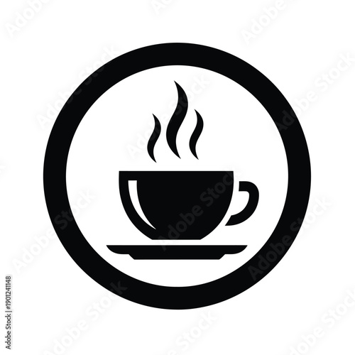 Black coffee cup icon with steam rising in a circle