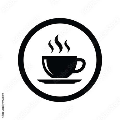 A black and white icon of a steaming hot cup of coffee in a circle