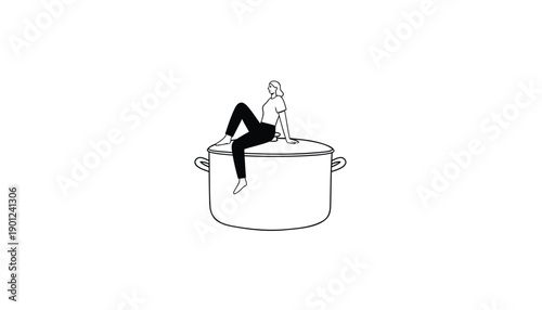 Vector illustration of woman sitting on a large cooking pot, black and white line art, for website or social media, Isolated on transparent background, png