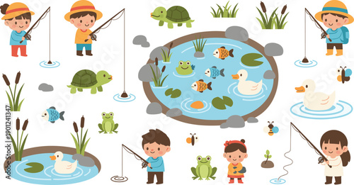 Kids Fishing Cartoon Vector Set with Children Pond Animals Frogs Fish Ducks and Nature Scene