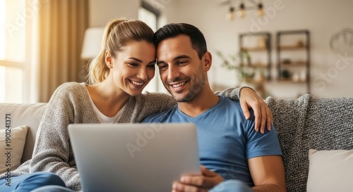 A happy young couple sits together on a sofa at home smiling while looking at a laptop computer to browse the internet