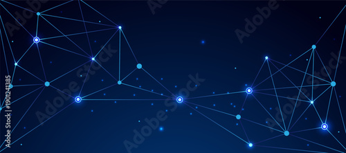 Abstract digital network background with glowing connected nodes and bright lines on a dark blue gradient illustrating data communication, technology flow, and futuristic connectivity.
