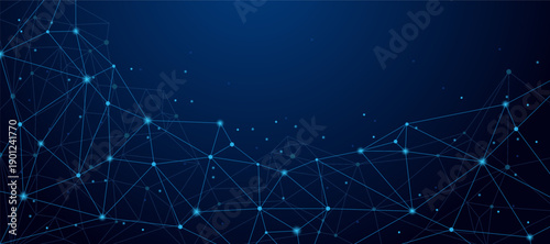 Abstract digital network background with glowing connected nodes and bright lines on a dark blue gradient illustrating data communication, technology flow, and futuristic connectivity.
