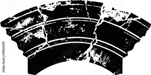 Abstract black and white distressed arch shape with textured weathered cracks and grunge effect