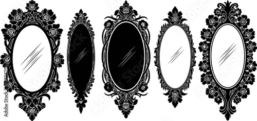 Vintage ornate mirrors collection with floral decorations in elegant black silhouette design