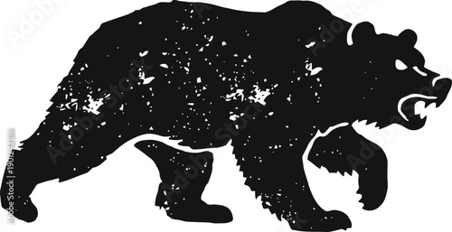 Silhouette of a roaring bear walking with textured distressed effect on white background