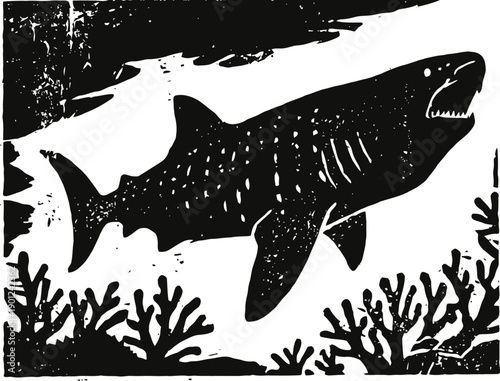 Shark silhouette swimming underwater with coral reef in black and white
