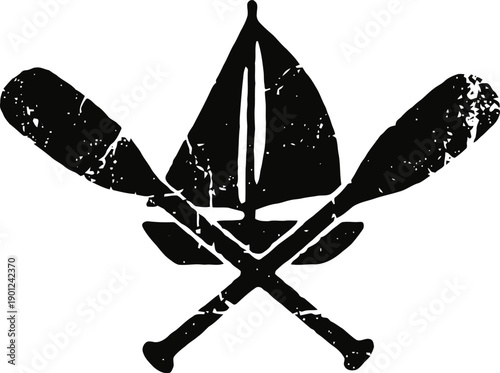 crossed canoe paddles and sailboat graphic with grunge effect silhouette