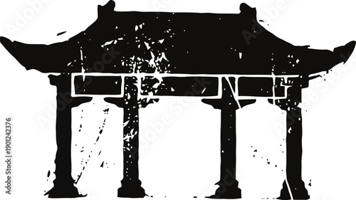 Grunge illustration of traditional asian temple gate with curved roof silhouette