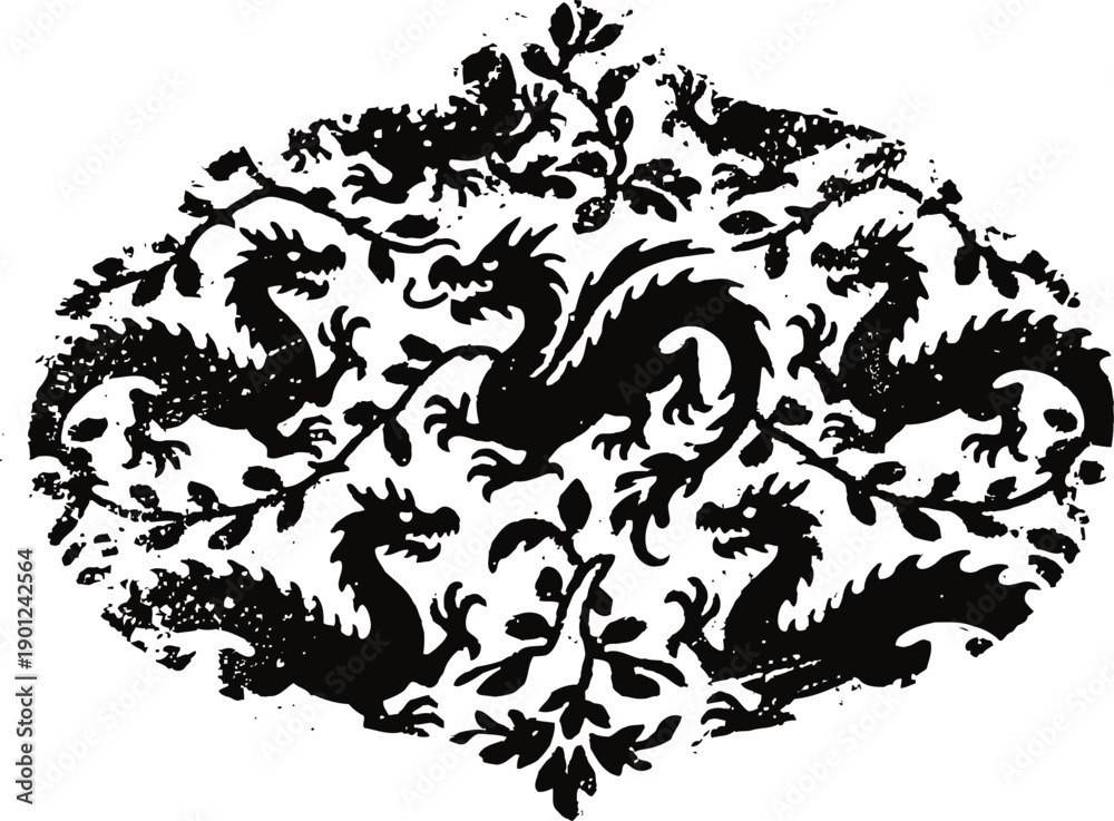 Fototapeta Black dragon ornament pattern with symmetrical floral elements in vintage design