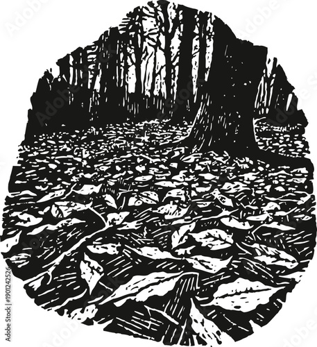 Black and white forest scene with fallen leaves and tree trunks in autumn nature landscape illustration