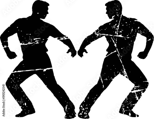 Silhouettes of two men facing each other in dynamic martial arts fighting stances