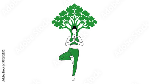 Yoga Tree Pose Vrikshasana Illustration. Woman Integrated with Green Tree Canopy symbolizing Nature, Growth, Balance, and Health.