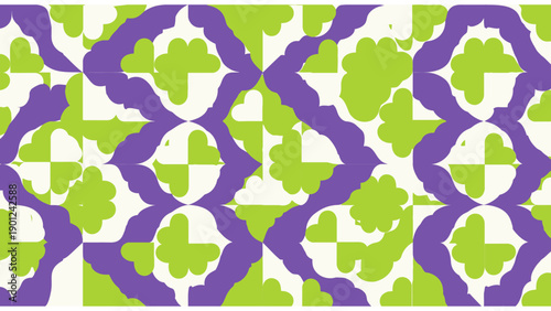 Groovy 1970s Floral Quatrefoil Seamless Pattern. Vibrant Purple and Acid Green Abstract Wallpaper Background in Retro Mod Style.
