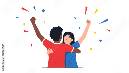 Multicultural Couple or Friends Cheering Victory. Flat Vector Illustration of Successful Team Celebrating Achievement and Partnership.