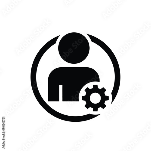 Black silhouette of a person with a gear icon in a circular symbol on representing teamwork or settings