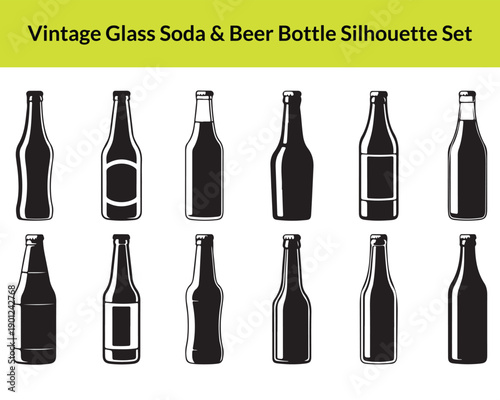 Vintage Glass Soda and Beer Bottle Silhouette Set: Retro Beverage Icons and Vector Bottle Shapes