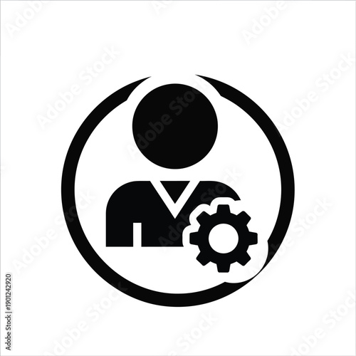 Black silhouette of a person with a gear icon in a circular symbol representing teamwork or technical support