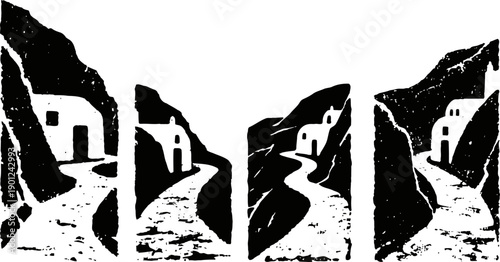 Abstract black and white illustrations of winding mountain paths with cave dwellings and desert landscapes