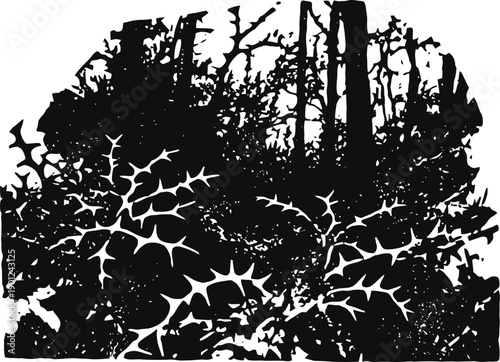 Black silhouette of thorny plants and forest trees with bare branches in abstract nature scene