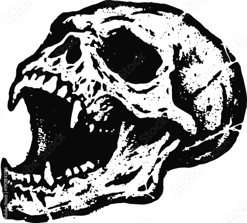detailed black and white illustration of a roaring skull with prominent teeth and hollow eye sockets